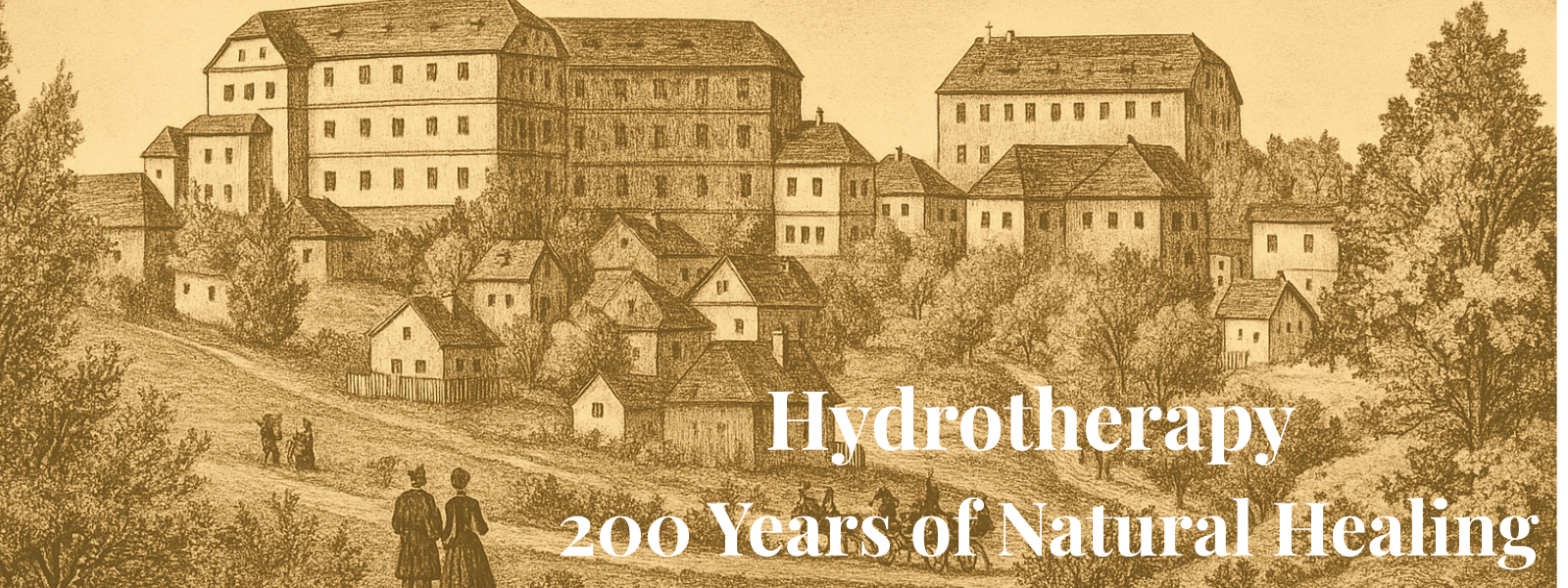 Historic illustration of Priessnitz Spa. Hydrotherapy: 200 years of natural healing.