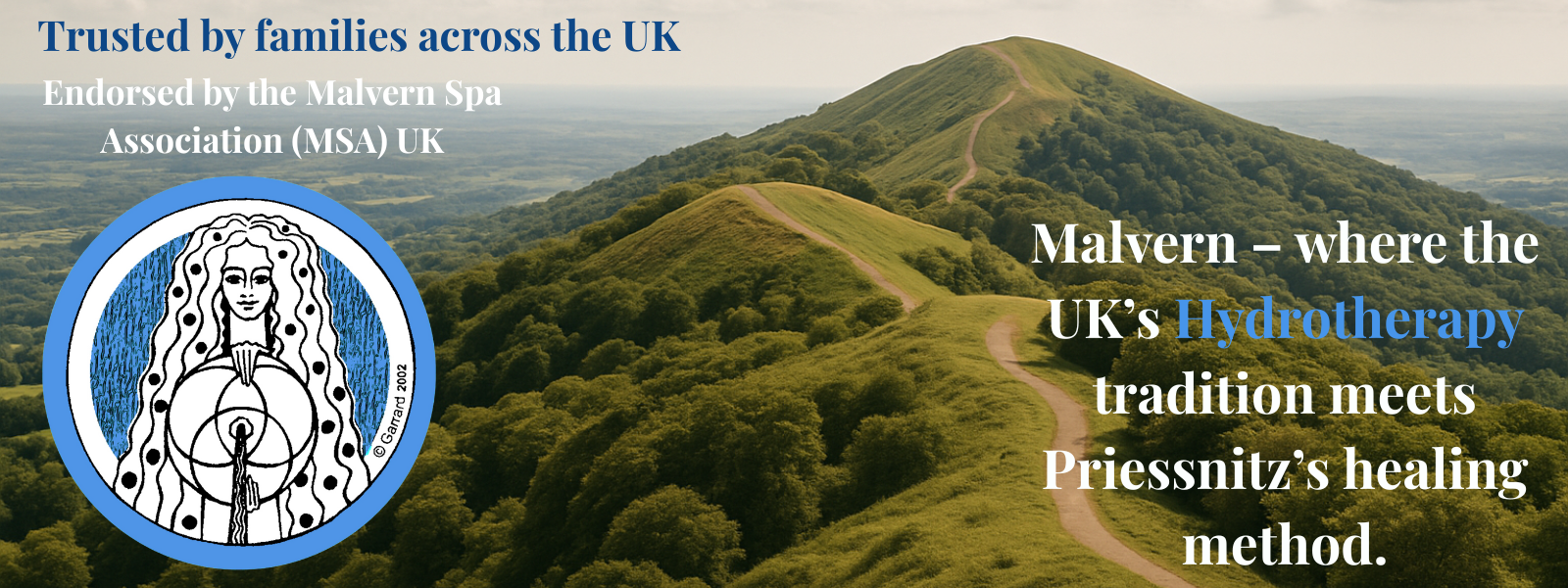 Malvern Hills and Malvern Spa Association emblem. HydroCure Wraps endorsed by the MSA.