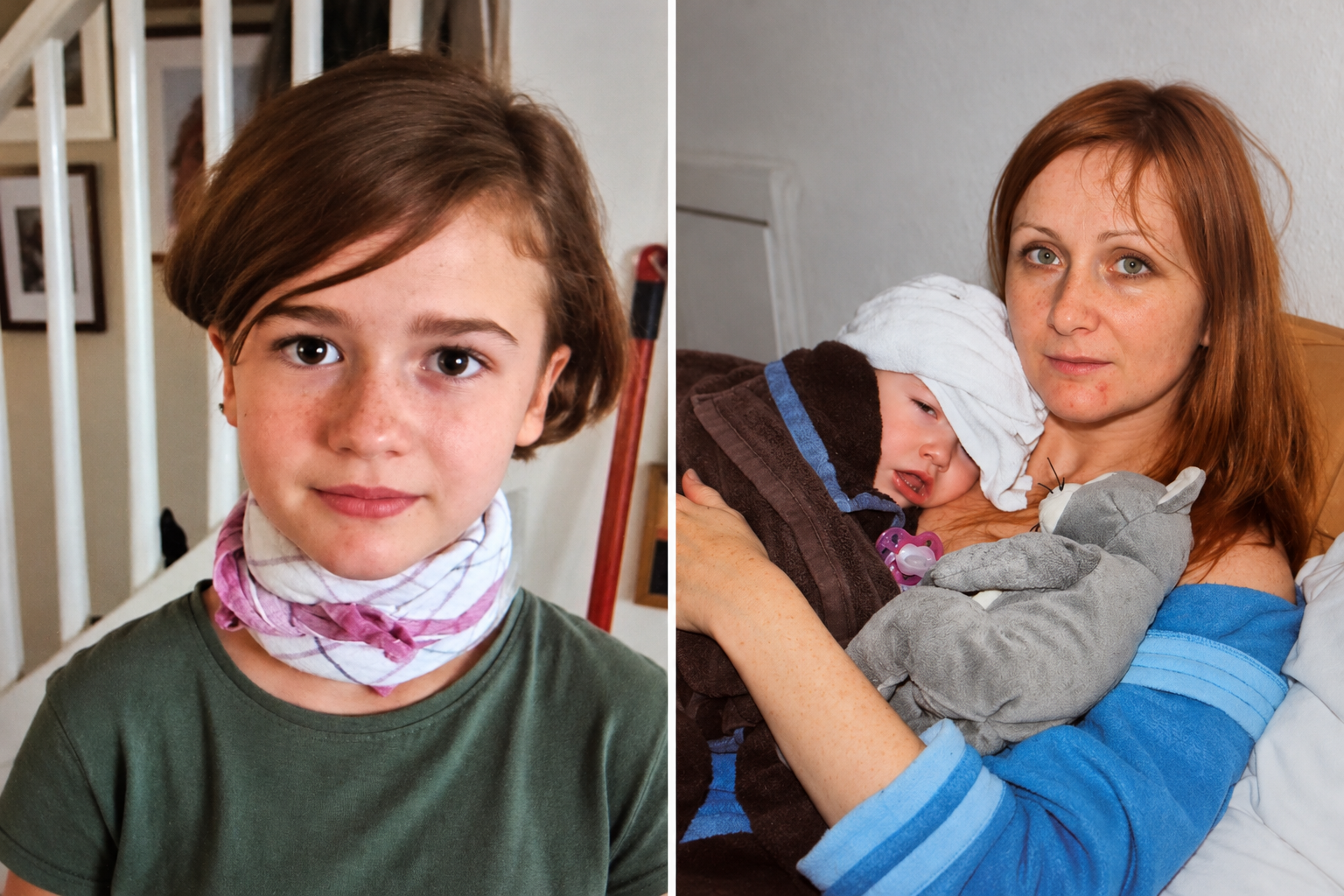 Family album photographs of Pavla’s older daughter with a homemade neck wrap, and Pavla holding her as a small child with traditional cloth wraps.